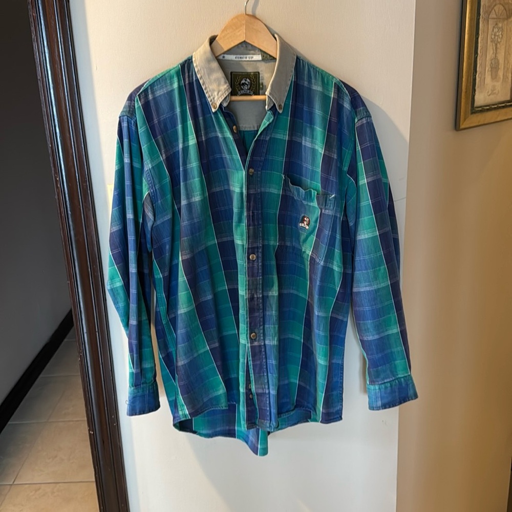 Blue and Green Casual Button Down Shirt